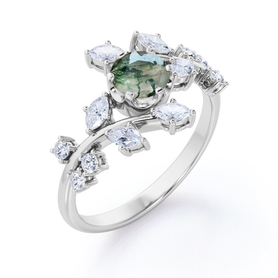 Branch Leaf Design 6 Prong Round Shaped Opaque Moss Green Agate And Moissanitet Ring
