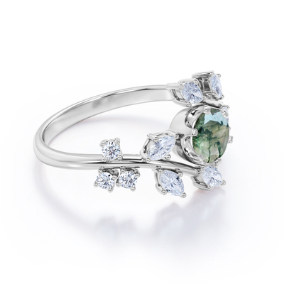 Branch Leaf Design 6 Prong Round Shaped Opaque Moss Green Agate And Moissanitet Ring