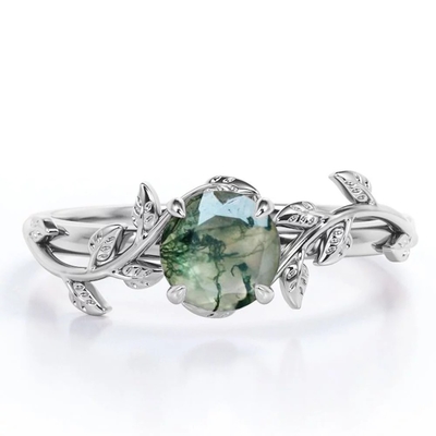 Round Cut Opaque White Druzy Mossy Green Agate Branch Leaf Design One-Stone Engagement Ring