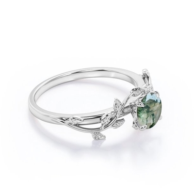 Round Cut Opaque White Druzy Mossy Green Agate Branch Leaf Design One-Stone Engagement Ring