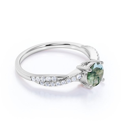 Round Natural Druzy Moss Green Agate And Moissanite Pave Twisted Infinity Engagement Ring