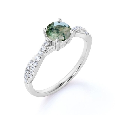 Round Natural Druzy Moss Green Agate And Moissanite Pave Twisted Infinity Engagement Ring