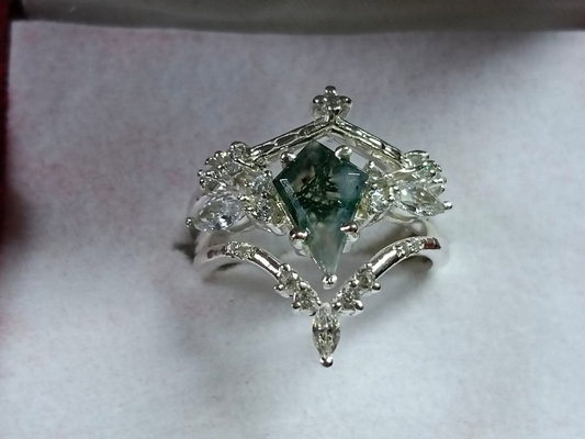 Natural Moss Agate Flower Shape Marquise Blossom CZ Wedding Cluster Ring