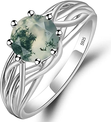 925 Sterling Silver Round Cut 7 MM Moss Agate Ring Personalized Promise Ring Abstract Ring for Women