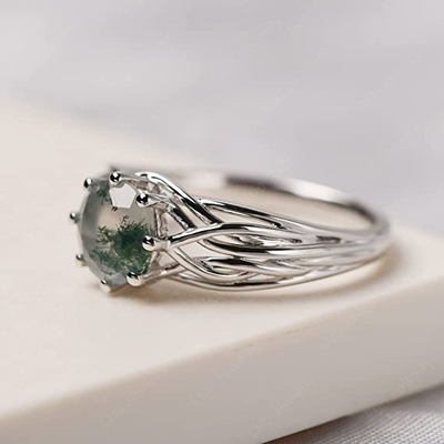 925 Sterling Silver Round Cut 7 MM Moss Agate Ring Personalized Promise Ring Abstract Ring for Women