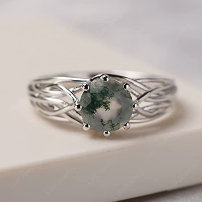 Classic 7 Stone 1.1 carat Oval Cut Moss Green Agate and Plain Shank Wedding Ring in White Gold