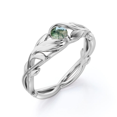 Round Cut Moss Green Agate Leafy Single Stone Engagement Ring in White Gold