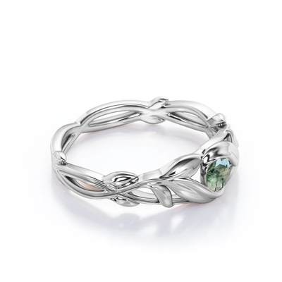 Round Cut Moss Green Agate Leafy Single Stone Engagement Ring in White Gold
