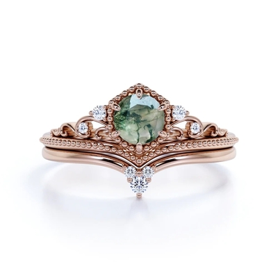 Filigree Chevron Tiara 0.6 carat Round Cut Moss Green Agate and CZ Wedding Ring Set in Rose Gold