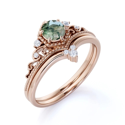 Filigree Chevron Tiara 0.6 carat Round Cut Moss Green Agate and CZ Wedding Ring Set in Rose Gold