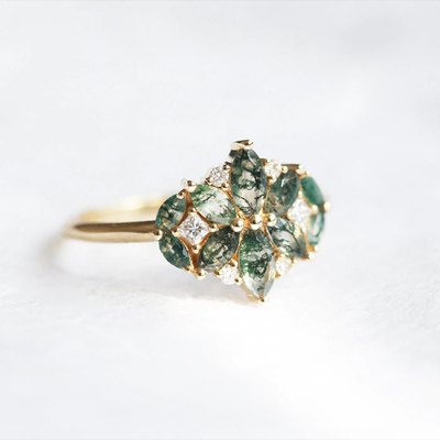 Gem's Beauty Christmas Gifts for Her 0.63CT Square Shape Natural Moss Agate There Stone Engagement Ring in 925 Sterling