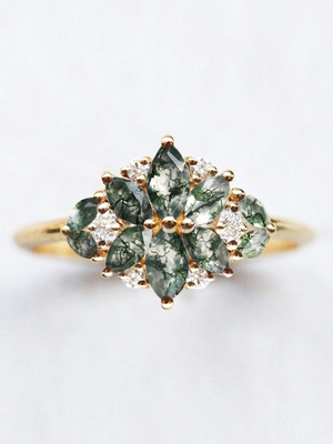 Natural Moss Agate Flower Shape Marquise Blossom CZ Wedding Cluster Ring