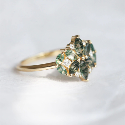 Kite Shape Stone Natural Moss Agate Engagement Ring Vintage Art Deco Gift Love