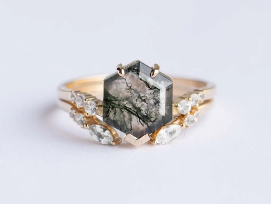 Kite Shape Stone Natural Moss Agate Engagement Ring Vintage Art Deco Gift Love