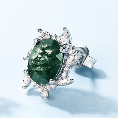 Earrings for women, Natural Moss Agate 925 Sterling Silver Stud Earrings For Women Green Gems Engagement Wedding Jewelry