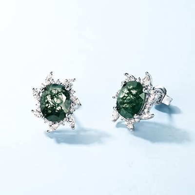 Earrings for women, Natural Moss Agate 925 Sterling Silver Stud Earrings For Women Green Gems Engagement Wedding Jewelry