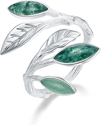Natural Moss Agate Ring Set For Women Pear Shaped Gold Ring  For Women