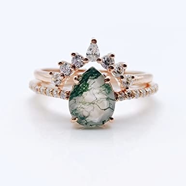 Solid Rose Gold 1.25ct Natural Inspired Leaf Moss Agate Jewelry Cluster Emerald Aquatic