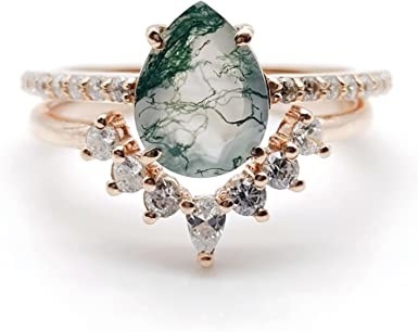 Moss Agate Emerald Ring Set , Anniversary Jewelry Gift Promise Wedding Ring