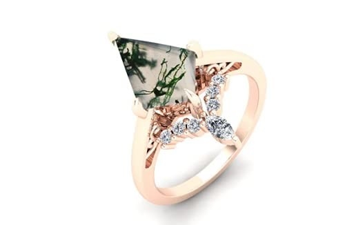 Hexagon Cut Natural Moss Agate Vintage Unique Moissanite Bridal Ring For Art Deco