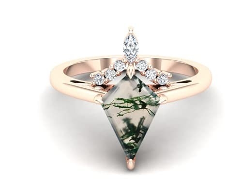 Kite Shape Stone Natural Moss Agate Engagement Ring Vintage Art Deco Gift Love