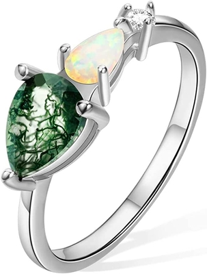 Hexagon Cut Natural Moss Agate Vintage Unique Moissanite Bridal Ring For Art Deco
