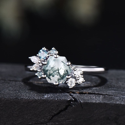 Hexagon Cut Natural Moss Agate Vintage Unique Moissanite Bridal Ring For Art Deco