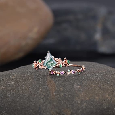 Solid Rose Gold 1.25ct Natural Inspired Leaf Moss Agate Jewelry Cluster Emerald Aquatic