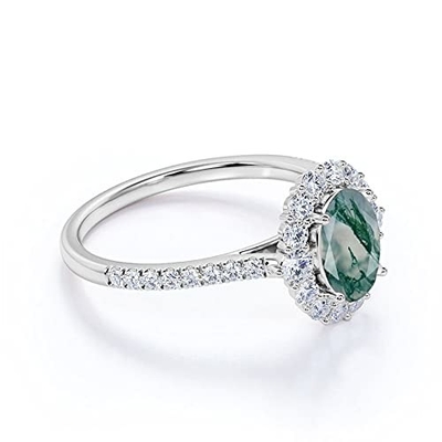 Oval Moss Agate Moissanite Diamonds Floral Halo Engagement Ring Green Gemstone