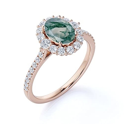 Oval Moss Agate Moissanite Diamonds Floral Halo Engagement Ring Green Gemstone