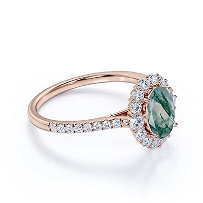 Oval Moss Agate Moissanite Diamonds Floral Halo Engagement Ring Green Gemstone