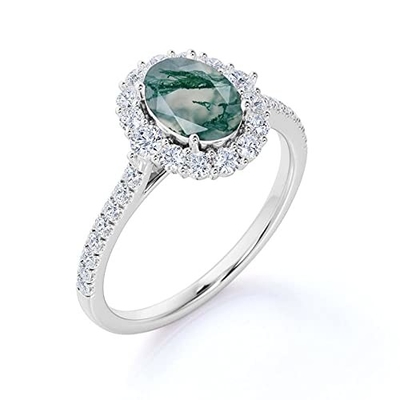 Oval Moss Agate Moissanite Diamonds Floral Halo Engagement Ring Green Gemstone