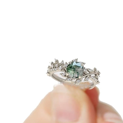 Leaf  Shape 925 Sterling silver Center Stone Bridal Mossagate Engagement  ring