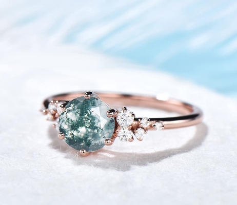 Vintage Green Gemstone Snowdrift Cluster Wedding Ring Natural Moss Agate
