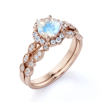 New Style 925 Sterling Silver Blue Moonstone Engagement Rings Round Moonstone Wedding Ring Set