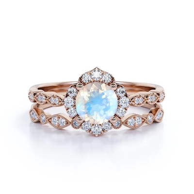 New Style 925 Sterling Silver Blue Moonstone Engagement Rings Round Moonstone Wedding Ring Set