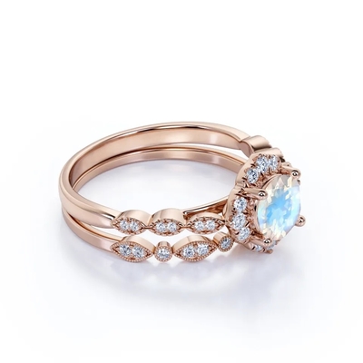 New Style 925 Sterling Silver Blue Moonstone Engagement Rings Round Moonstone Wedding Ring Set