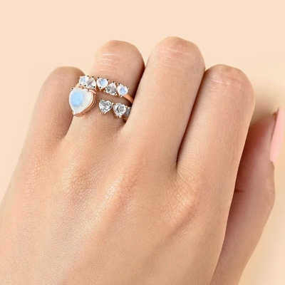 Trendy Ring for Women 925 Sterling Silver Moonstone Ring Heart Shape Gemstones Dainty Matching Stacking Ring