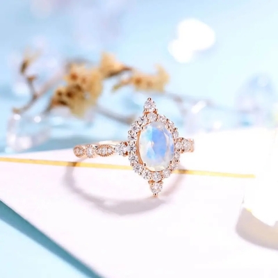 Newest Rose Gold Plating 925 Sterling Silver Jewelry Oval Cut Blue Moonstone Engagement Rings