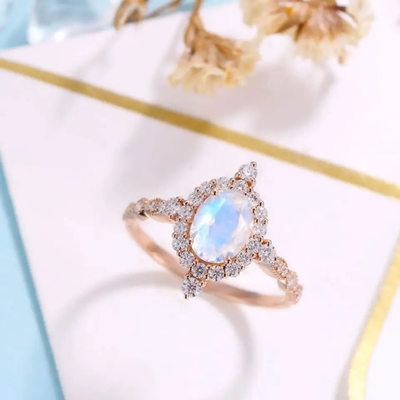 Newest Rose Gold Plating 925 Sterling Silver Jewelry Oval Cut Blue Moonstone Engagement Rings