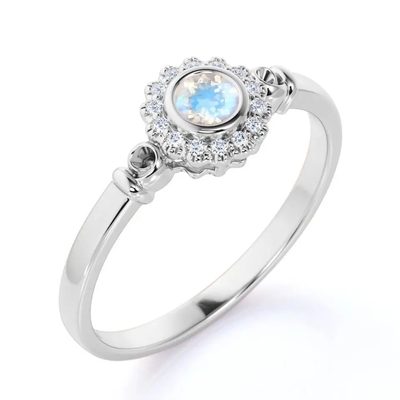 925 Sterling Silver Rose gold 1 Carat Flower Halo Ring Rainbow Moonstone Ring