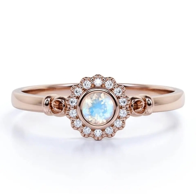 925 Sterling Silver Rose gold 1 Carat Flower Halo Ring Rainbow Moonstone Ring