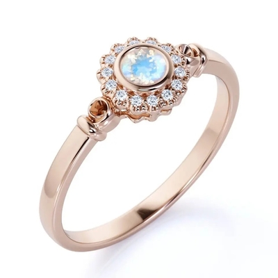 925 Sterling Silver Rose gold 1 Carat Flower Halo Ring Rainbow Moonstone Ring