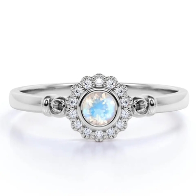 925 Sterling Silver Rose gold 1 Carat Flower Halo Ring Rainbow Moonstone Ring
