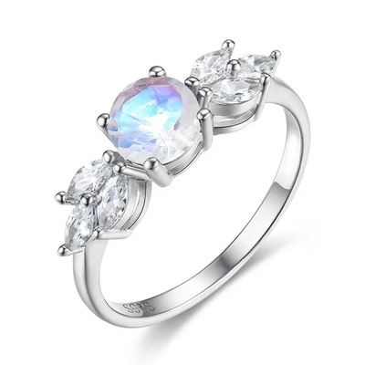 925 Sterling Silver Rose gold 1 Carat Flower Halo Ring Rainbow Moonstone Ring