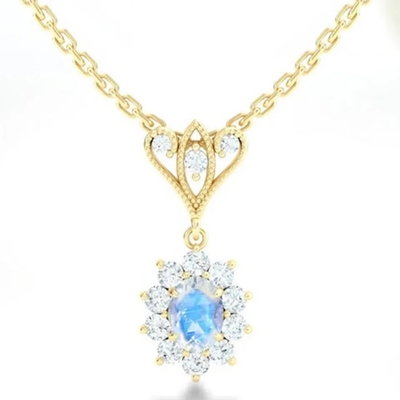 S925 Sterling Silver 14K Gold Plated Round Shape Jewelry Blue Moonstone Spheree Necklace High Quality Jewelry