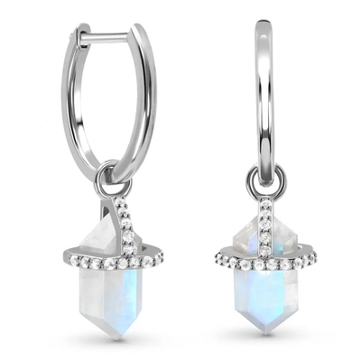 925 Sterling Silver Natural Stone Jewelry Hexagon Blue Rainbow Moonstone Drop Earrings