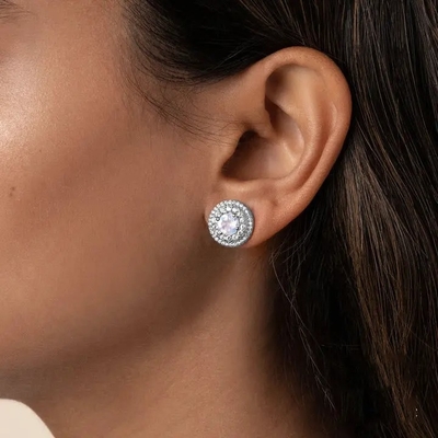 925 Sterling Silver Natural Moonstone Jewelry Faceted Blue Moonstone Double Halo Stud Earrings