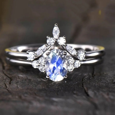 14K Rose Gold Oval Cabochon Cut Moonstone Engagement Ring Moonstone Halo Rings Jewelry