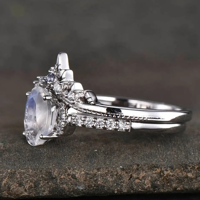 925 Sterling Silver Natural Stone Jewelry Rainbow Blue Moonstone Wedding Ring Set